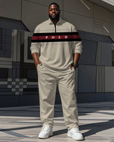 Men's Big & Tall Simple Khaki Striped Alphabet Print Polo Shirt Zipper Pants Set