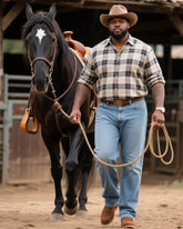 Plus Size Men's Western Style Classic Black Retro Plaid Long Sleeve Shirt Jeans Suit