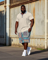 Big & Tall Men's Vintage Colorful Geometric Pattern Printed Short Sleeve Polo Shirt Shorts Set