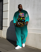 Big Guy's Casual Fierce Bear Theme Graffiti Bear Gradient Effect Long Sleeve Shirt Pants Set