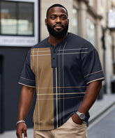 Men's Plus Size Blue Khaki Colorblock Geometric Print Henry Collar Button Short Sleeve Tee