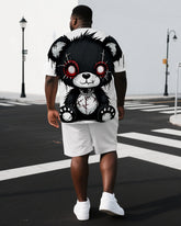 Big & Tall Men's Injured Bear Hip Hop Back Print Breathable Short-Sleeve T-shirt and Shorts Set
