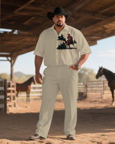 Western Denim-men's Plus Size Khaki Western Horse Farm Chest Print Short Sleeve Shirt Trousers Suit