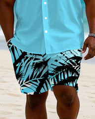 Men's Plus Size Hawaiian Holiday Bright Blue Short Sleeve Shirt Shorts Suit