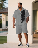 Men's Plus Size Grey & Black Personality Art Brush Print Short Sleeve Shirt Shorts Suit