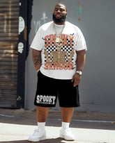 Men's Plus Size Spooky Season Checkerboard Print T-Shirt Shorts Suit