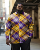 Men's Big & Tall Purple And Yellow Plaid Color Matching Lapel Long-Sleeved Shirt