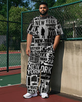 Men's Street Fashion Newspaper NEW YORK Printed Big & Tall Short Sleeve T-shirt Pants Set