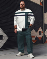 Men's Plus Size Green Stripe Alphabet Print Long Sleeve T-Shirt Trousers Suit