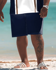 Men's Plus Size Simple Colorblock Stripe Print Polo Shorts Set