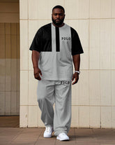 Men's Plus Size Black & Grey Colorblock Logo Print Short Sleeve T-Shirt Trousers Suit