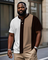 Men's Plus Size Daily Casual Brown Colorblock Stripe Print Henley Collar Button Short Sleeve T-Shirt