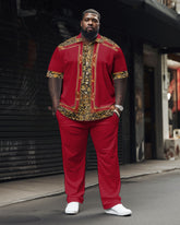 Men's Big & Tall Red Elegant Classic Geometric Short Sleeve Shirt Shorts Set