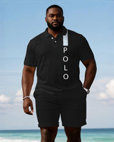 Men's large size Black Signature Shoulder Simple Print Short-sleeved polo shorts set