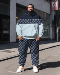 Men's Plus Size Blue Plaid Stripes Stitching Print Hoodie Suit