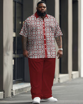 Men's Big & Tall Business Casual Square Continuous Pattern Printed Short Sleeve Shirt Trousers Set