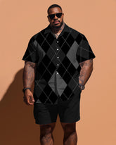 Big Men's Simple Diamond Plaid Short Sleeve Shirt Shorts Set