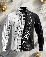 Men's Plus Size Piano Notes Long Sleeve Lapel 2 Shirt Set