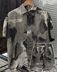 M-3XL Daily Casual L Gray Green Abstract Brush Print Shorts Suit
