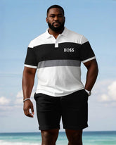 Black & White & Grey Classic Color Patchwork Casual Short-sleeved POLO Shorts Suit Men's Plus Size