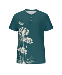 Men's Plus Size Green Dandelion Print Henry Collar Button Short Sleeve Tee