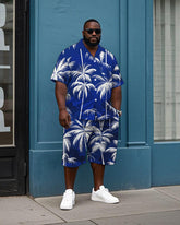 Big and Tall Guys' Hawaiian Coconut Trees Printed Cuban Collar Short Sleeve Shirt Shorts Set