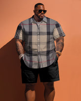 Big Men Classic Khaki Plaid Short Sleeve Shirt Shorts Set