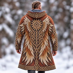 Men's Vintage Viking Wings Celtic Knot Art Print Fleece-lined Warm Mid-length Zip Up Hooded Coat