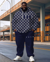 Men's Casual Blue Check Alphabet Print Plus Size Hoodie Suit