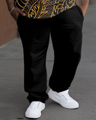 Men's Plus Size Black Dragon Totem Print T-Shirt Trousers Suit