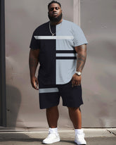 Big Men's Casual Simple Blue Horizontal Color-block Printed T-shirt Shorts Set