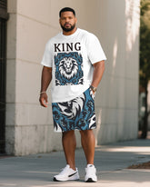 Big & Tall Men White Lion Print KING Printed Round Neck Short Sleeve T-Shirt Shorts Suit