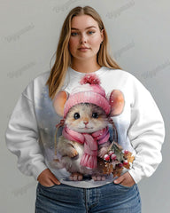 Plus Size Vintage Winter Hamster Print Casual Long Sleeve Sweatshirt