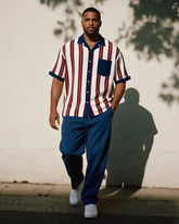 Big & Tall Men's Business Wine Red Blue Colorblock Striped Printed Pocket Short Sleeve Shirt Trousers Suit