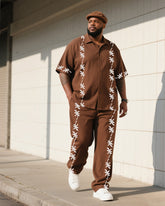 Big Boy Daily Casual Brown Simple Flower Short Sleeve Shirt Trousers Suit