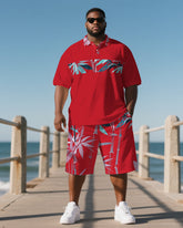 Big Men's Bold Fashion Bamboo Hawaiian Theme Short Sleeve Polo Shirt 2-piece Short Set