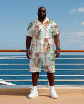 Big Men's Hawaiian Funny Tiger and Palm Leaf Printed Cuban Collar Short Sleeve Shirt Shorts Set