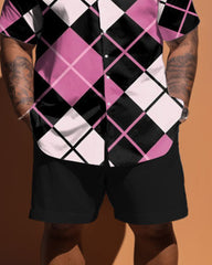 Big Men's Diamond Pink Contrast Plaid Short Sleeve Shirt Shorts Set