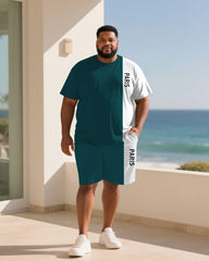 Big & Tall Men Green & White Colorblock Slogan Printed Round Neck Short Sleeve T-Shirt Shorts Suit