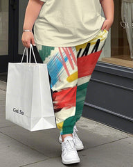 Women's Plus Size Love Print T-Shirt and Graffiti Trousers Suit