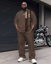 Men's Plus Size Brown Striped K Letter Print Long Sleeve T-Shirt Trousers Suit