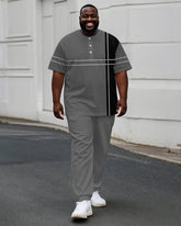 Men's Plus Size Black Grey Colorblock Stripe Geometric Print Henry Collar T-Shirt Pants Suit