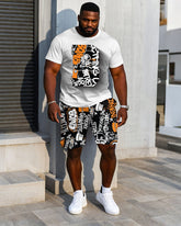 Men's Plus Size Street Fashion Chest Stereoscopic Projection "B" Printed Short-sleeved T-shirt Shorts Suit