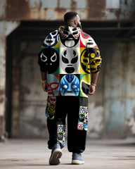 Big & Tall Men's Street Fashion Wrestler Mask Print Hoodie Suit