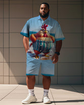 Men's Plus Size Street Fashion Blue Cartoon Fun Chick Print Shirt Shorts Suit