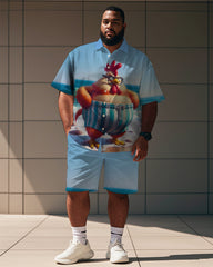 Men's Plus Size Street Fashion Blue Cartoon Fun Chick Print Shirt Shorts Suit