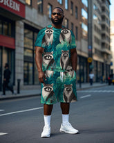 Men's Big Size Fashion Forest Raccoon Printed Casual Short Sleeve T-Shirt and Shorts Set