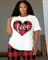 Women's Plus Size Love Check Pattern T-Shirt and Trousers Suit