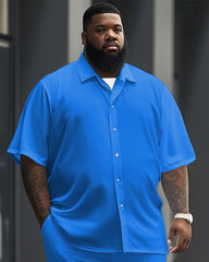 Men's Plus Size Solid Color Blue Short Sleeve Shirt Trousers Set