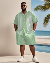 Big & Tall Men's Hawaiian Vacation Green Striped Coconut Print Shirt Shorts Suit